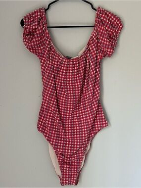 Aerie Red Plaid Off the Shoulder One Piece Swimsuit